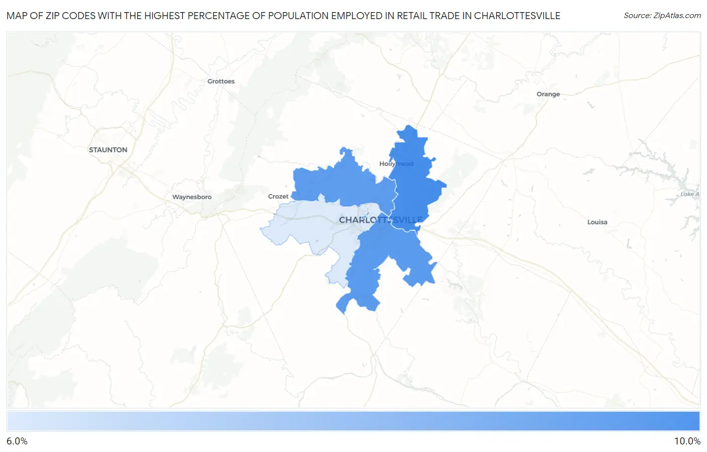 Zip Codes with the Highest Percentage of Population Employed in Retail Trade in Charlottesville Map