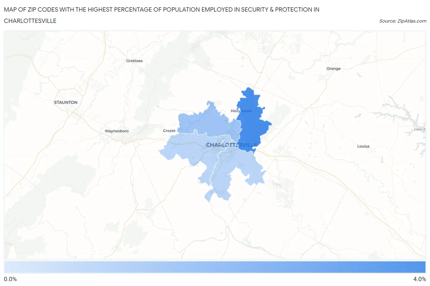 Zip Codes with the Highest Percentage of Population Employed in Security & Protection in Charlottesville Map