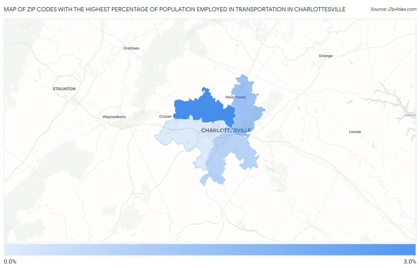 Zip Codes with the Highest Percentage of Population Employed in Transportation in Charlottesville Map
