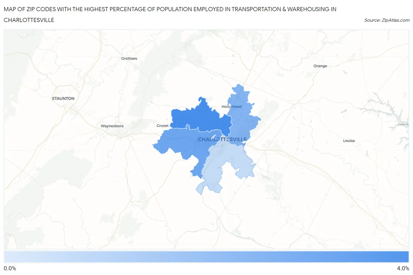Zip Codes with the Highest Percentage of Population Employed in Transportation & Warehousing in Charlottesville Map