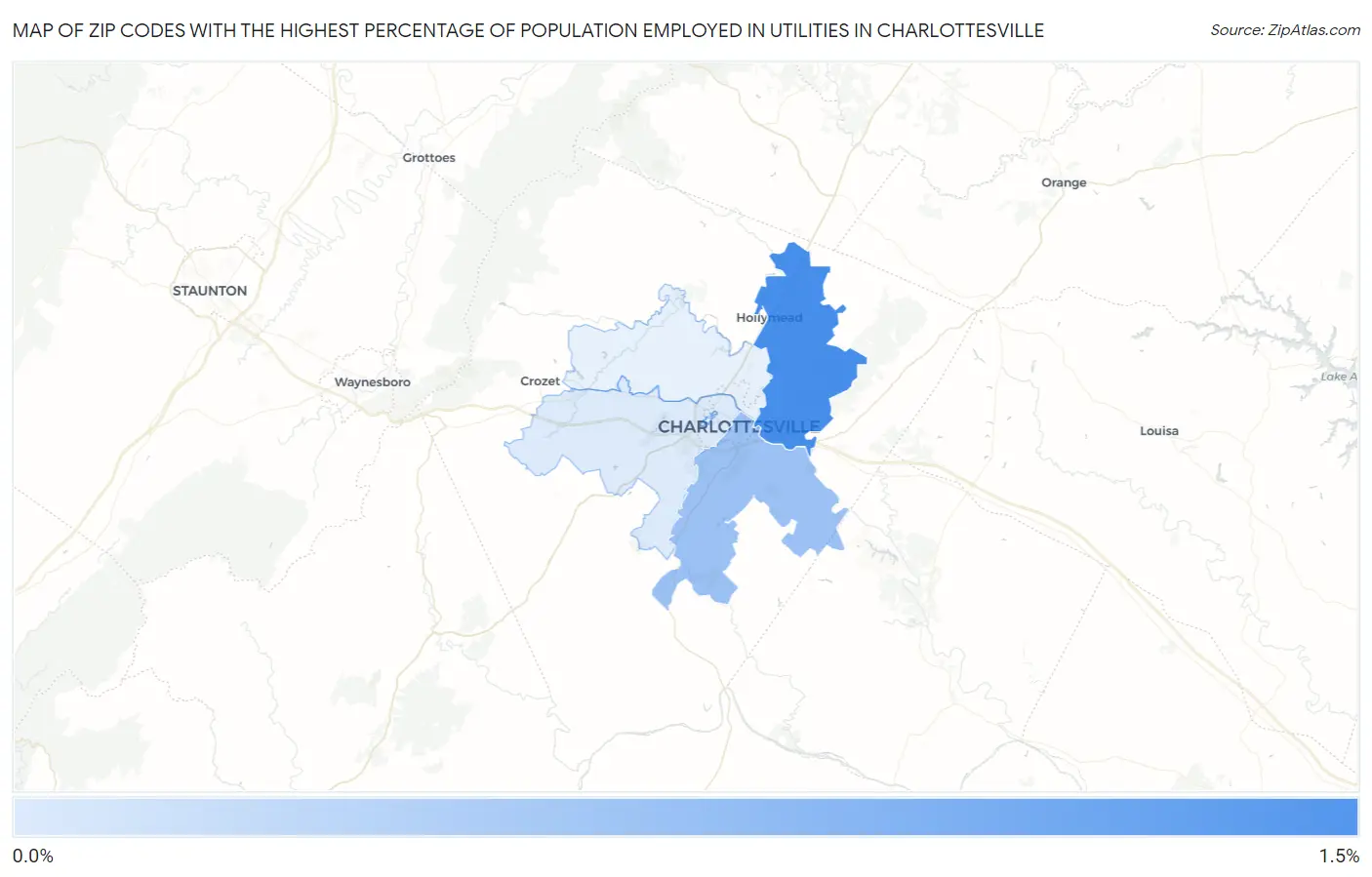 Zip Codes with the Highest Percentage of Population Employed in Utilities in Charlottesville Map