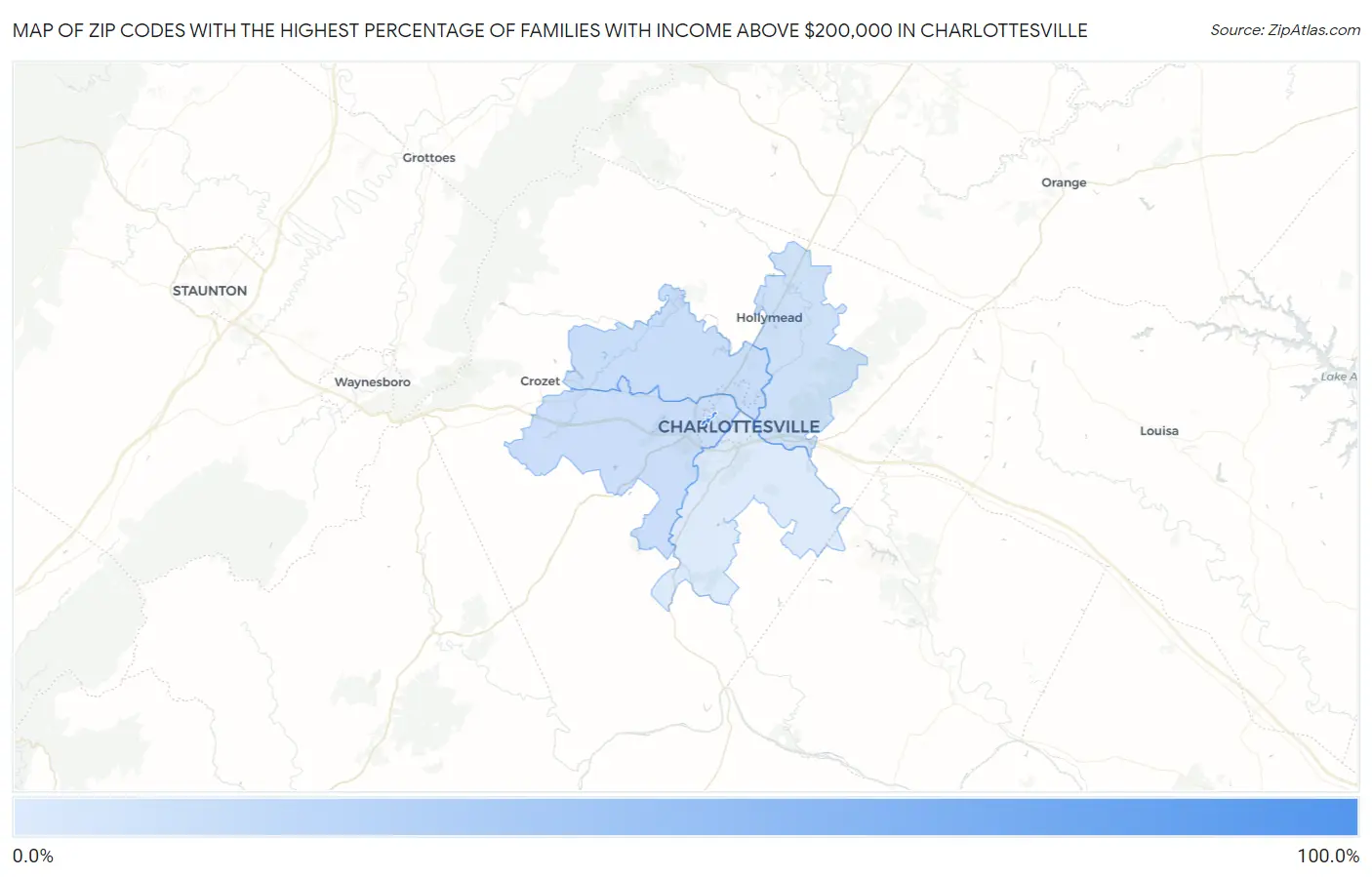 Zip Codes with the Highest Percentage of Families with Income Above $200,000 in Charlottesville Map