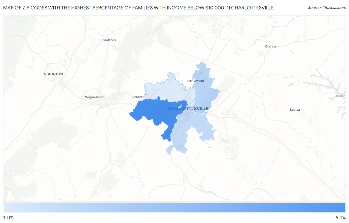Zip Codes with the Highest Percentage of Families with Income Below $10,000 in Charlottesville Map