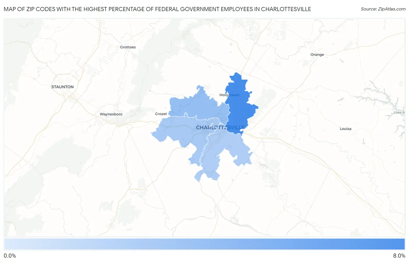 Zip Codes with the Highest Percentage of Federal Government Employees in Charlottesville Map