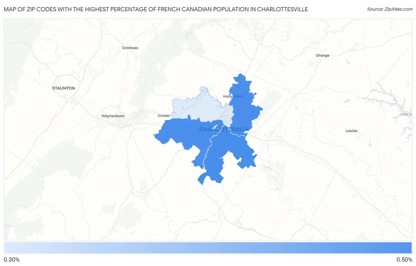 Zip Codes with the Highest Percentage of French Canadian Population in Charlottesville Map