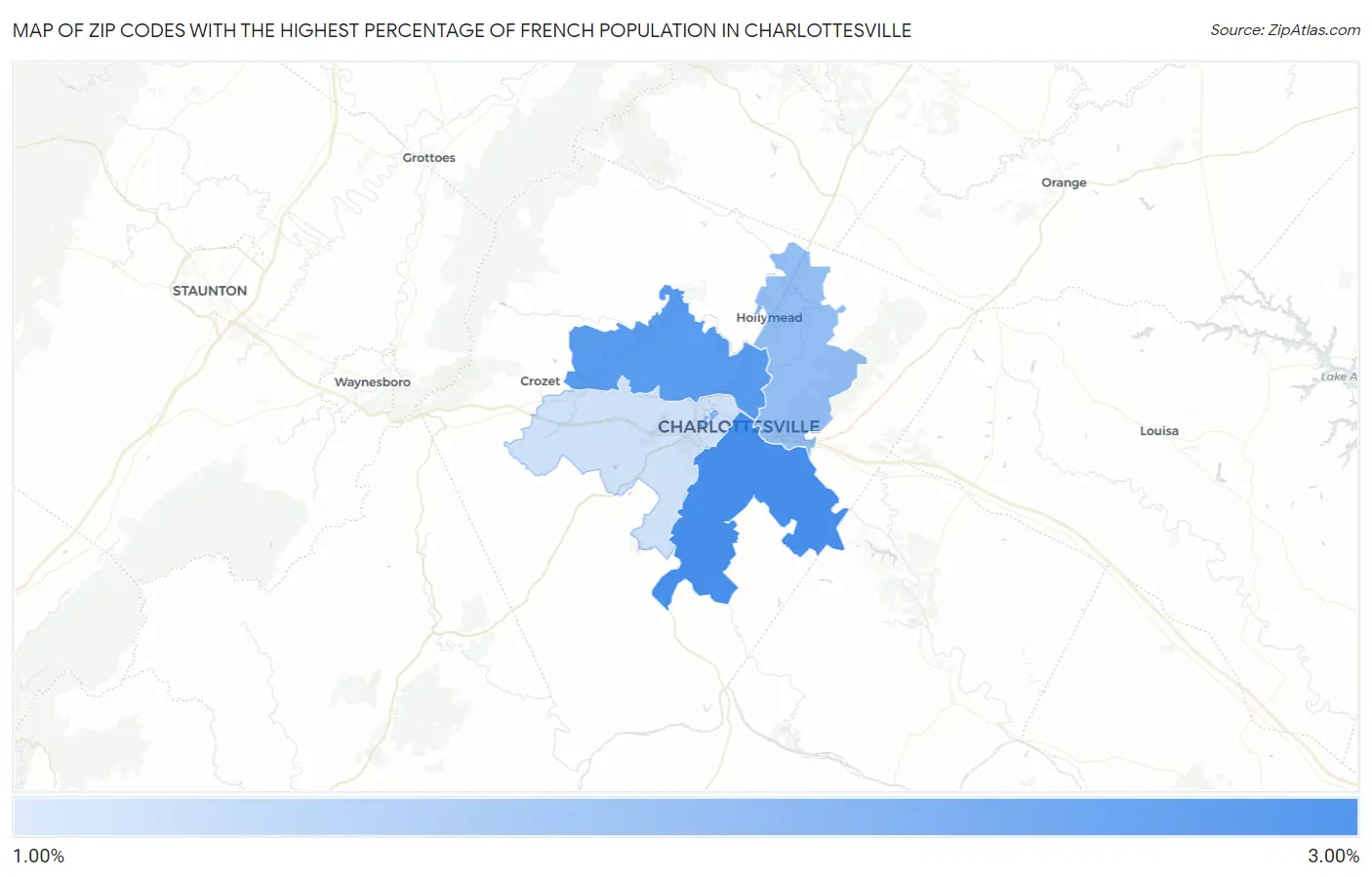 Zip Codes with the Highest Percentage of French Population in Charlottesville Map