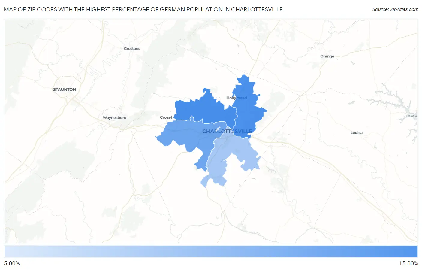 Zip Codes with the Highest Percentage of German Population in Charlottesville Map