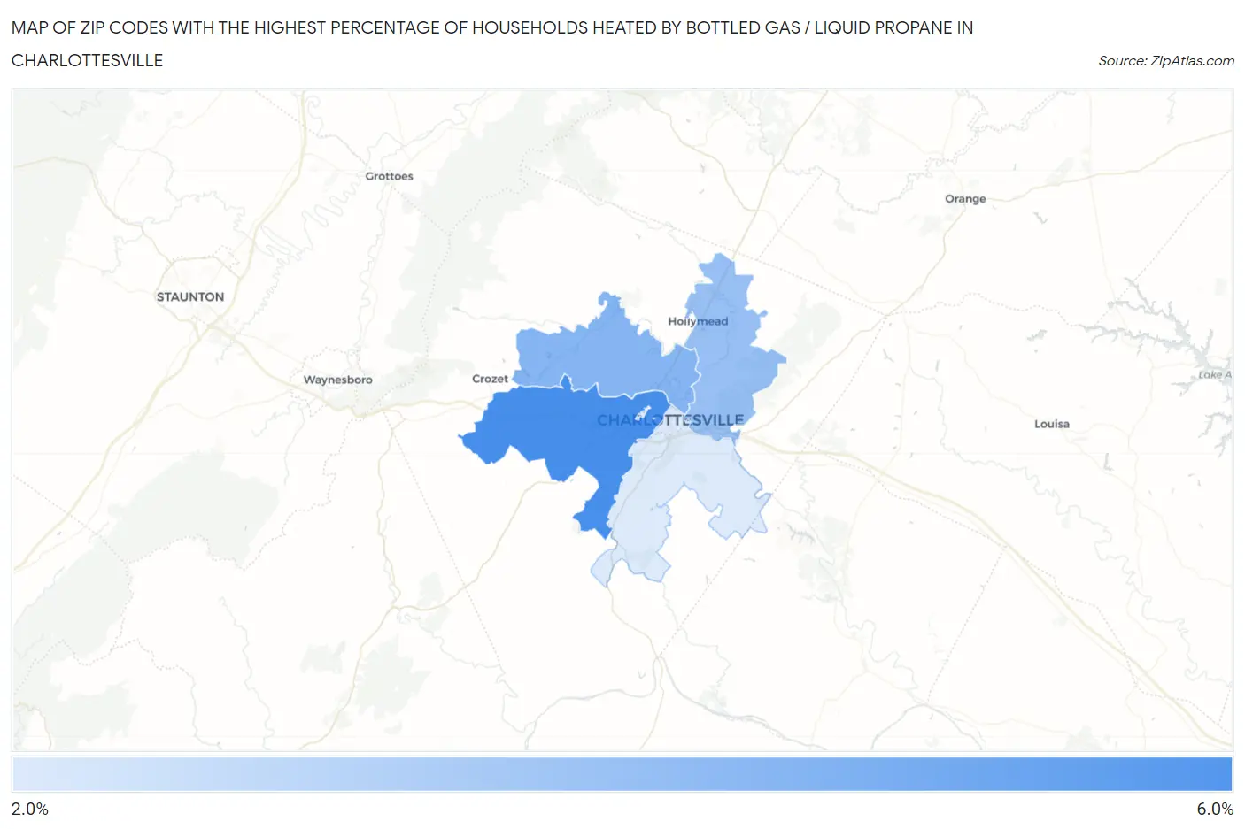 Zip Codes with the Highest Percentage of Households Heated by Bottled Gas / Liquid Propane in Charlottesville Map