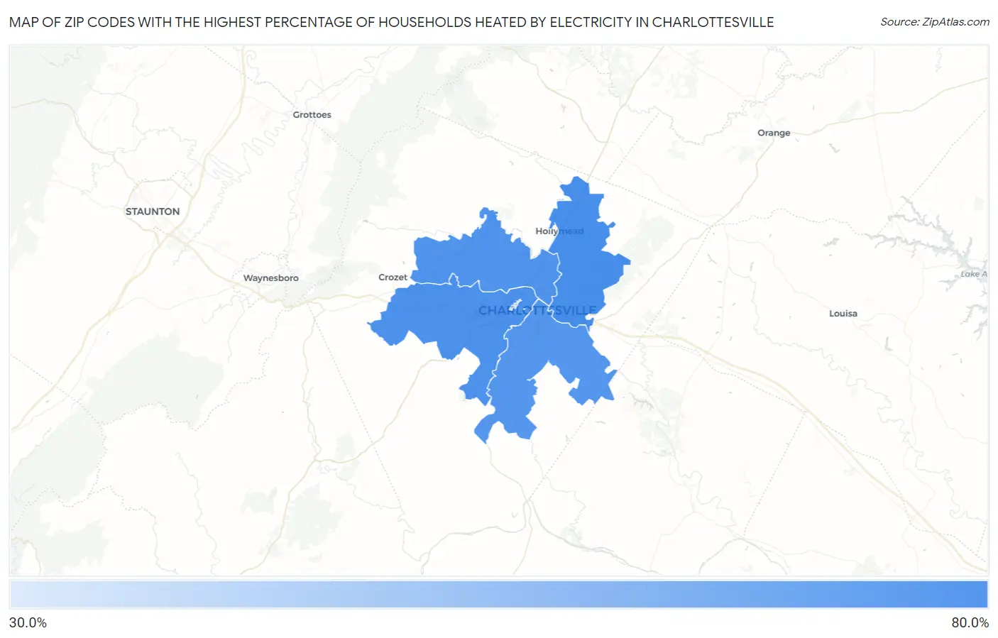 Zip Codes with the Highest Percentage of Households Heated by Electricity in Charlottesville Map