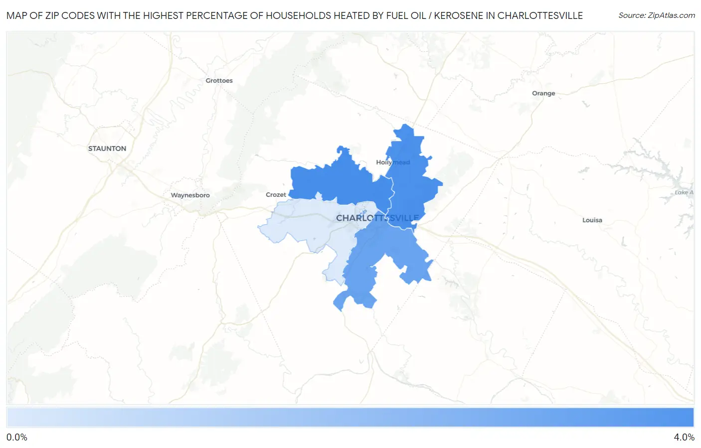 Zip Codes with the Highest Percentage of Households Heated by Fuel Oil / Kerosene in Charlottesville Map