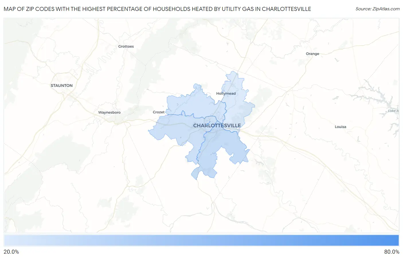 Zip Codes with the Highest Percentage of Households Heated by Utility Gas in Charlottesville Map