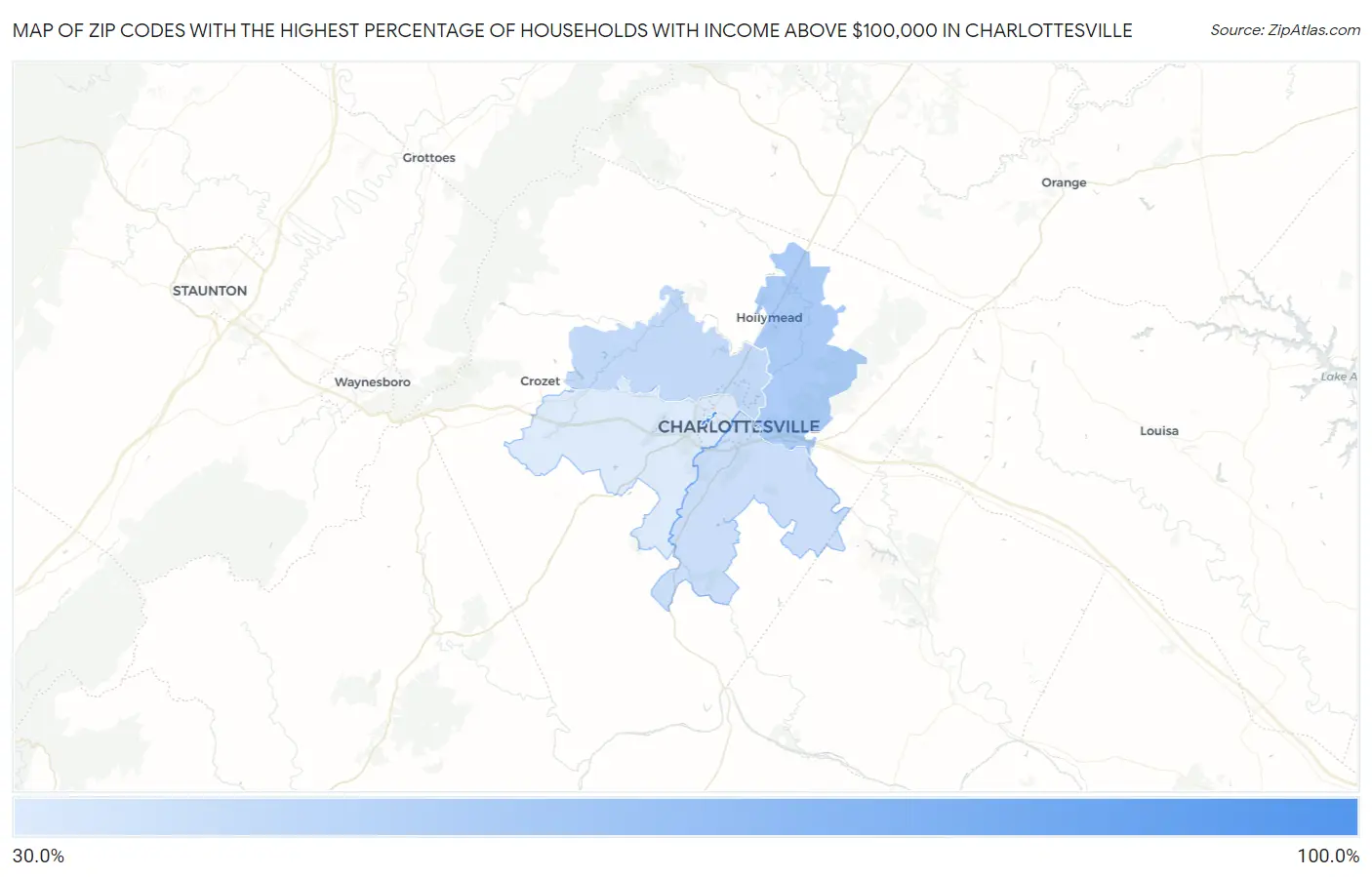 Zip Codes with the Highest Percentage of Households with Income Above $100,000 in Charlottesville Map