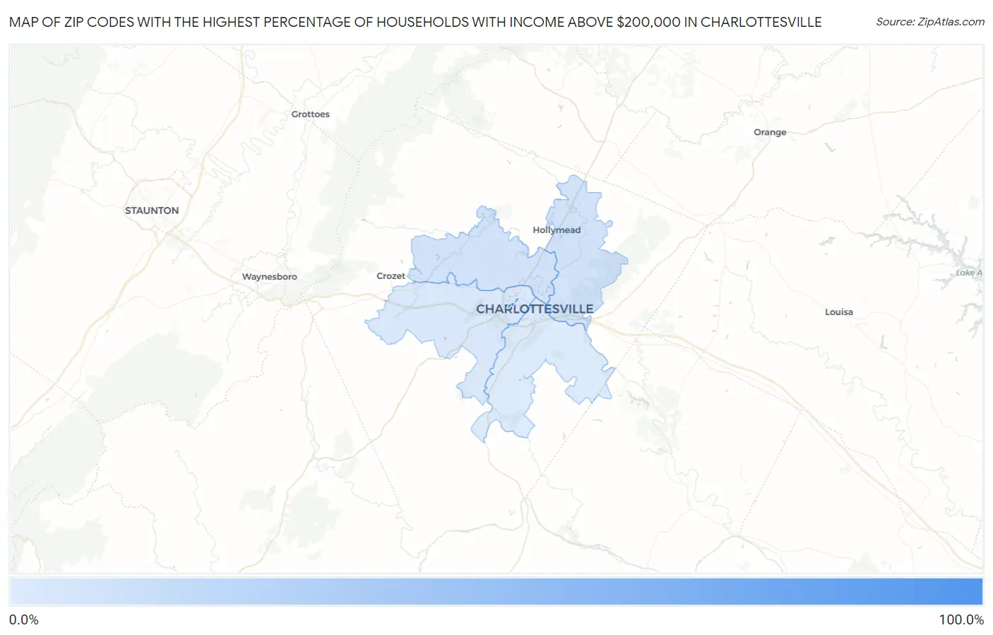 Zip Codes with the Highest Percentage of Households with Income Above $200,000 in Charlottesville Map