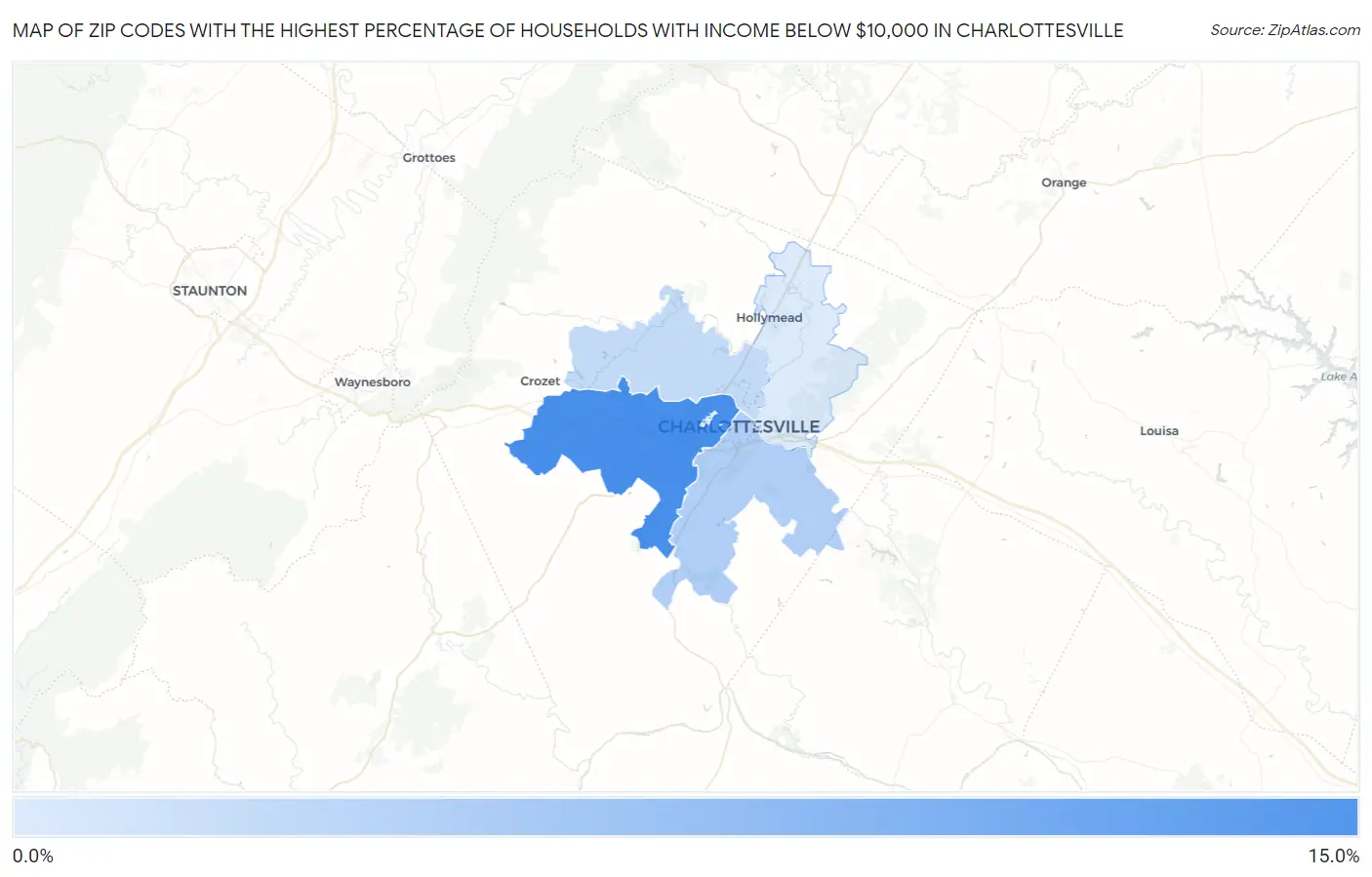 Zip Codes with the Highest Percentage of Households with Income Below $10,000 in Charlottesville Map