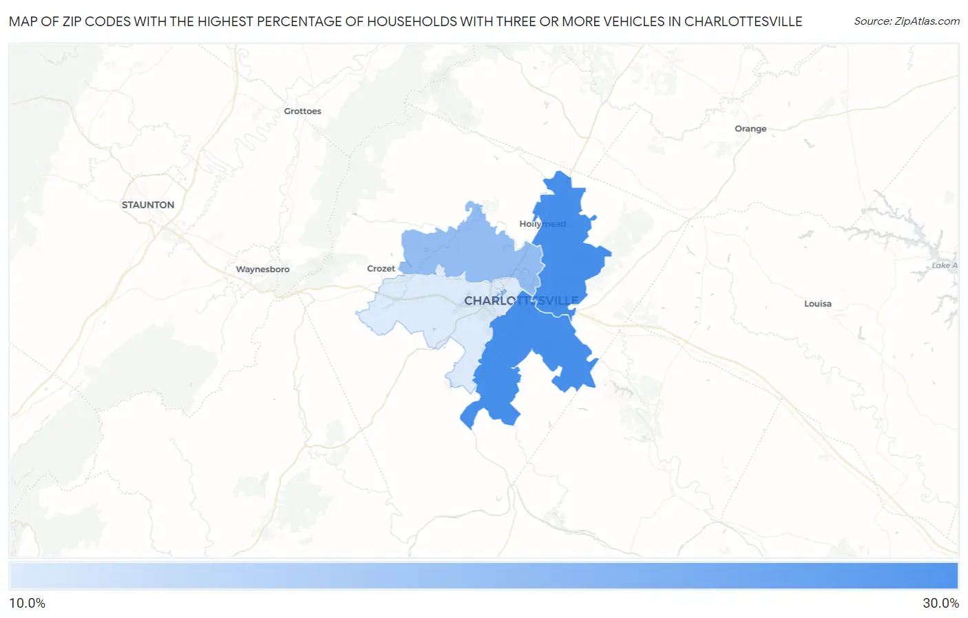 Zip Codes with the Highest Percentage of Households With Three or more Vehicles in Charlottesville Map