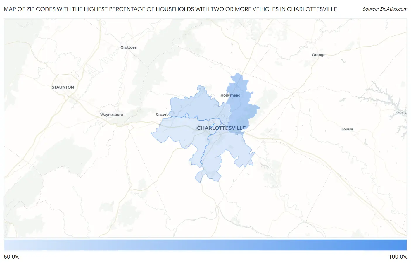 Zip Codes with the Highest Percentage of Households With Two or more Vehicles in Charlottesville Map