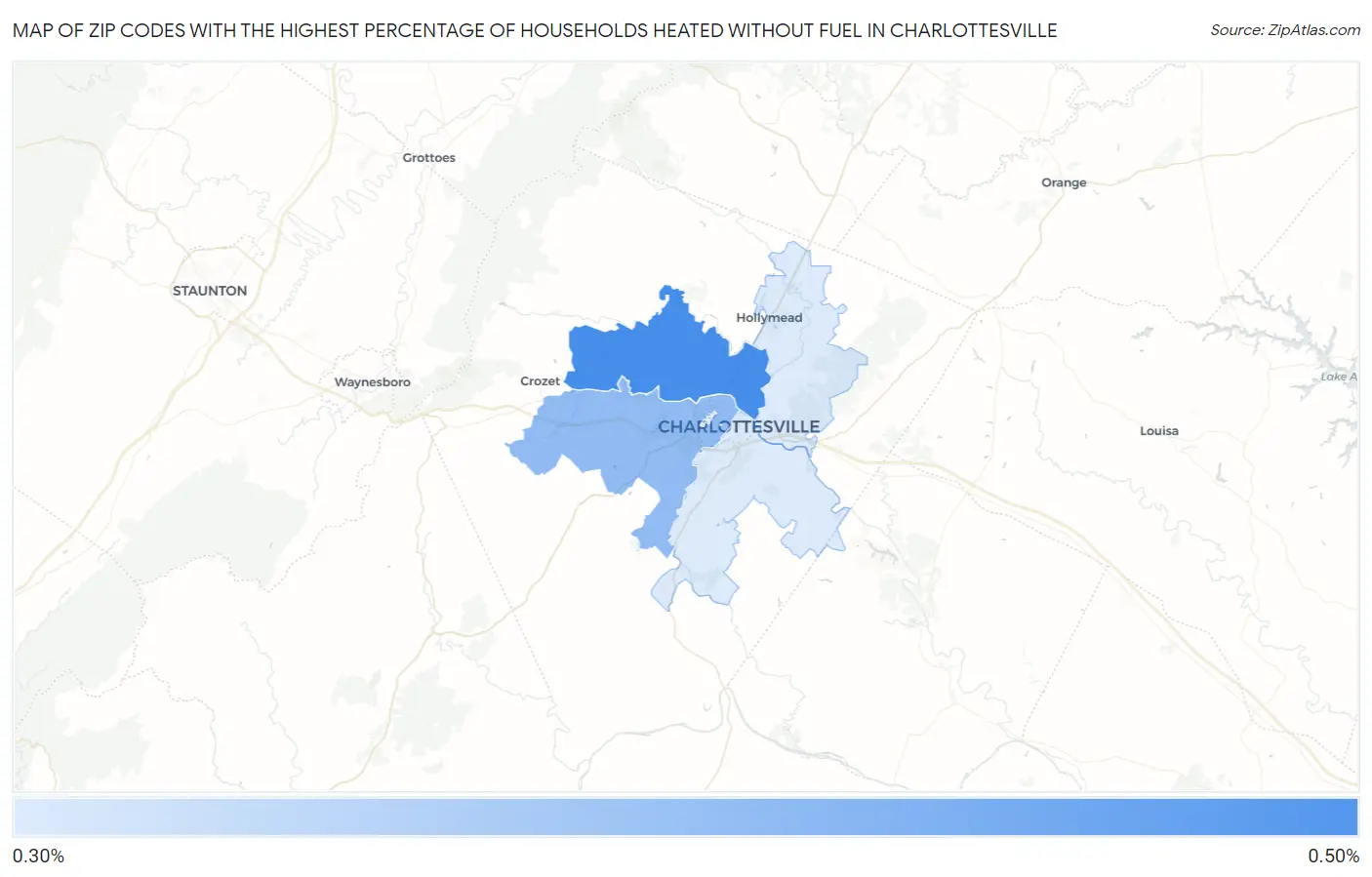 Zip Codes with the Highest Percentage of Households Heated without Fuel in Charlottesville Map