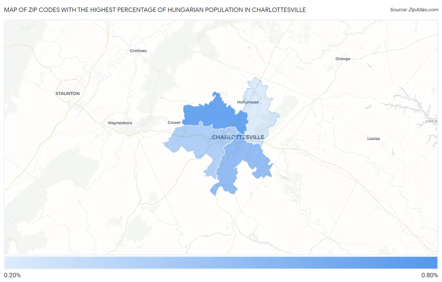 Zip Codes with the Highest Percentage of Hungarian Population in Charlottesville Map