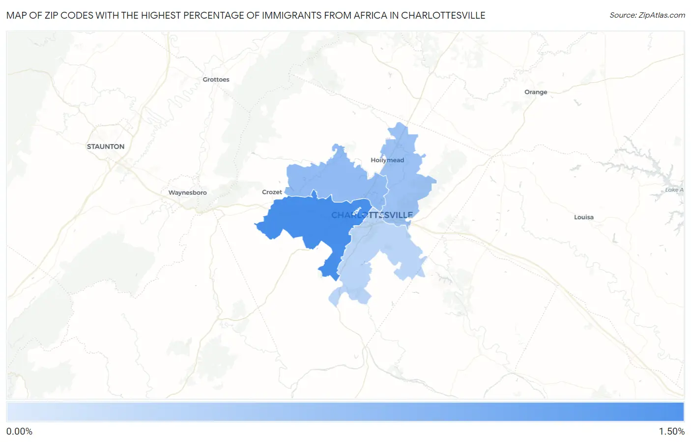 Zip Codes with the Highest Percentage of Immigrants from Africa in Charlottesville Map