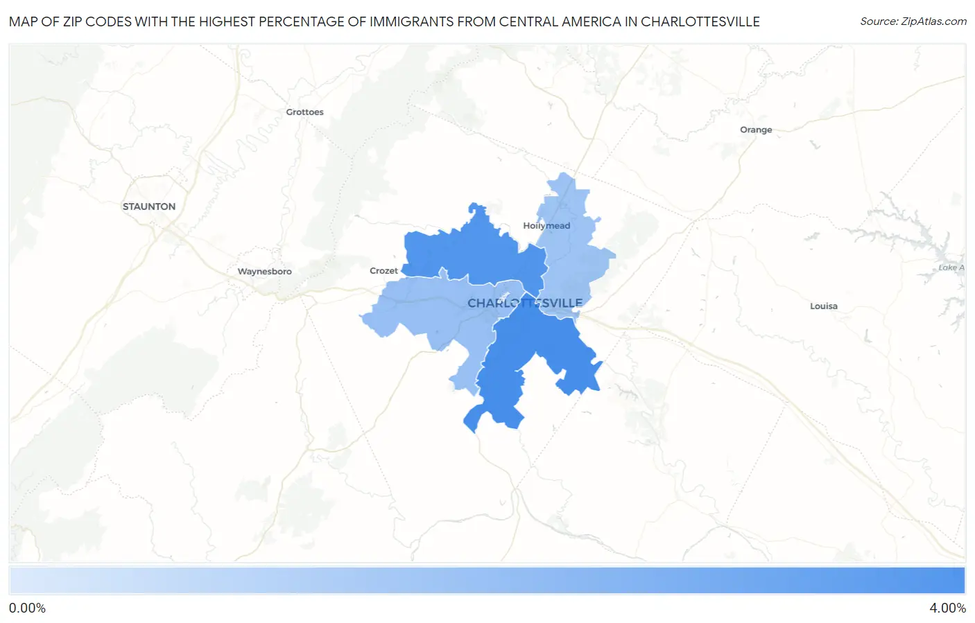 Zip Codes with the Highest Percentage of Immigrants from Central America in Charlottesville Map