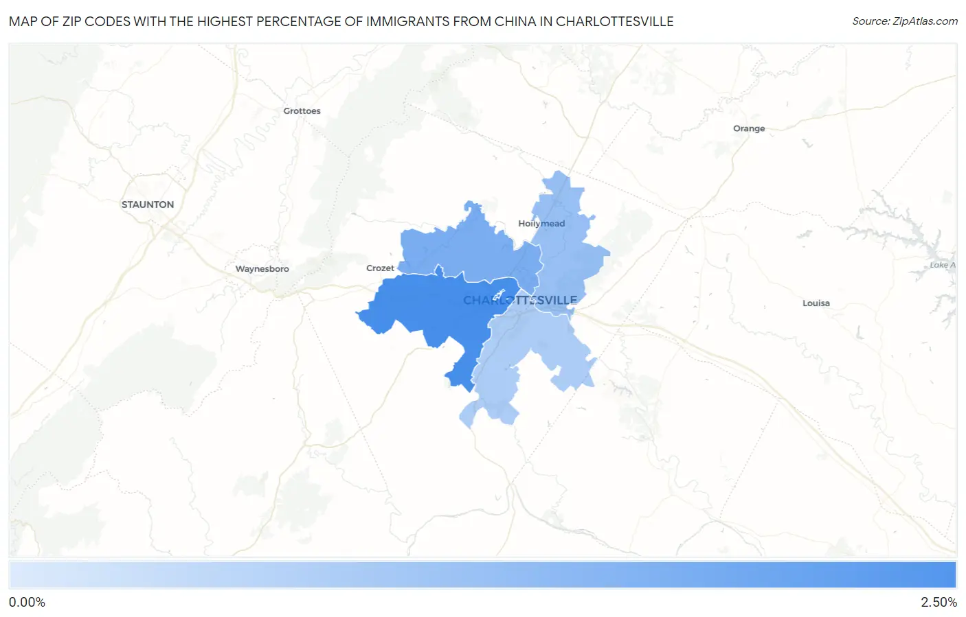 Zip Codes with the Highest Percentage of Immigrants from China in Charlottesville Map