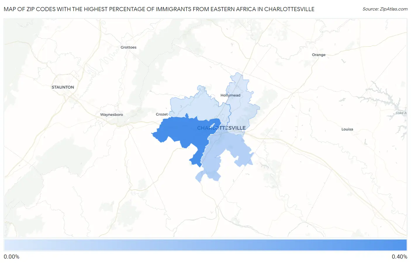 Zip Codes with the Highest Percentage of Immigrants from Eastern Africa in Charlottesville Map