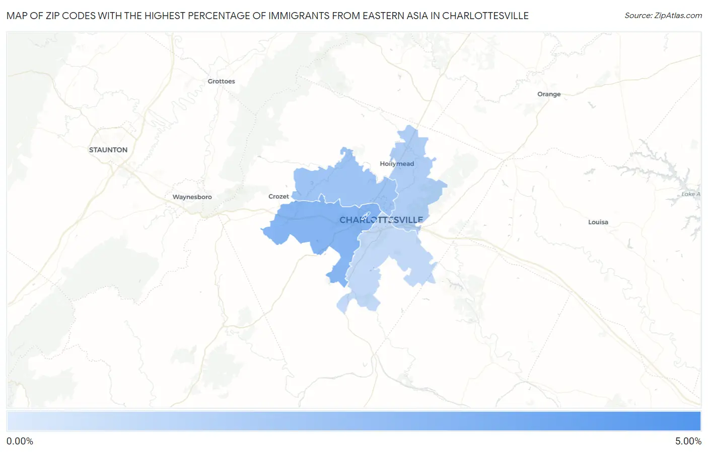 Zip Codes with the Highest Percentage of Immigrants from Eastern Asia in Charlottesville Map