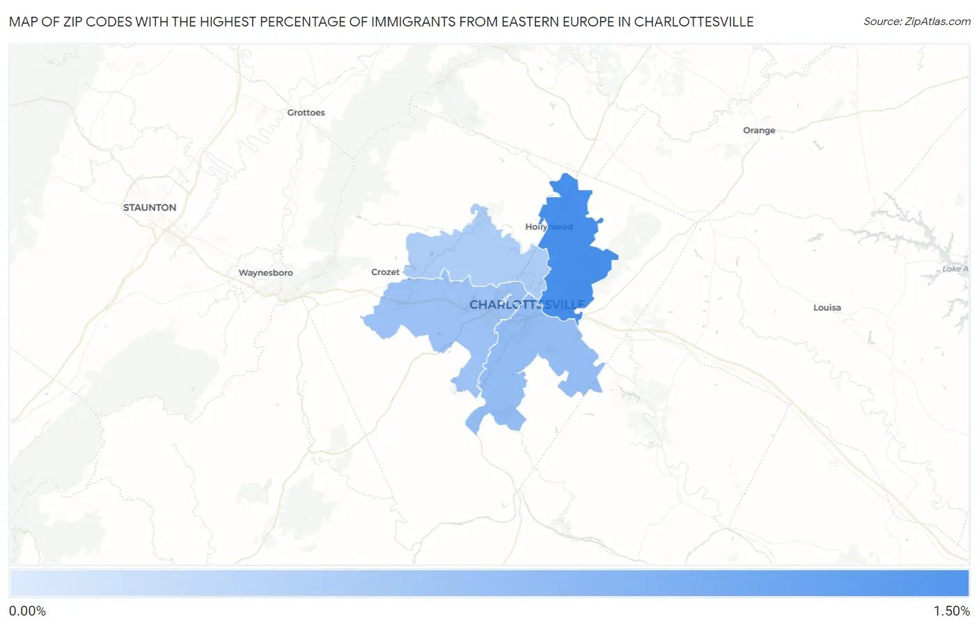Zip Codes with the Highest Percentage of Immigrants from Eastern Europe in Charlottesville Map