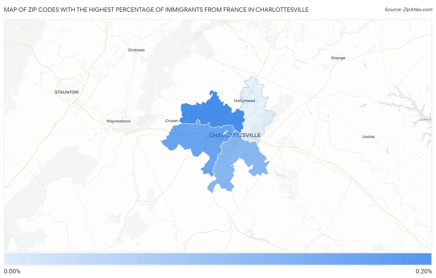 Zip Codes with the Highest Percentage of Immigrants from France in Charlottesville Map