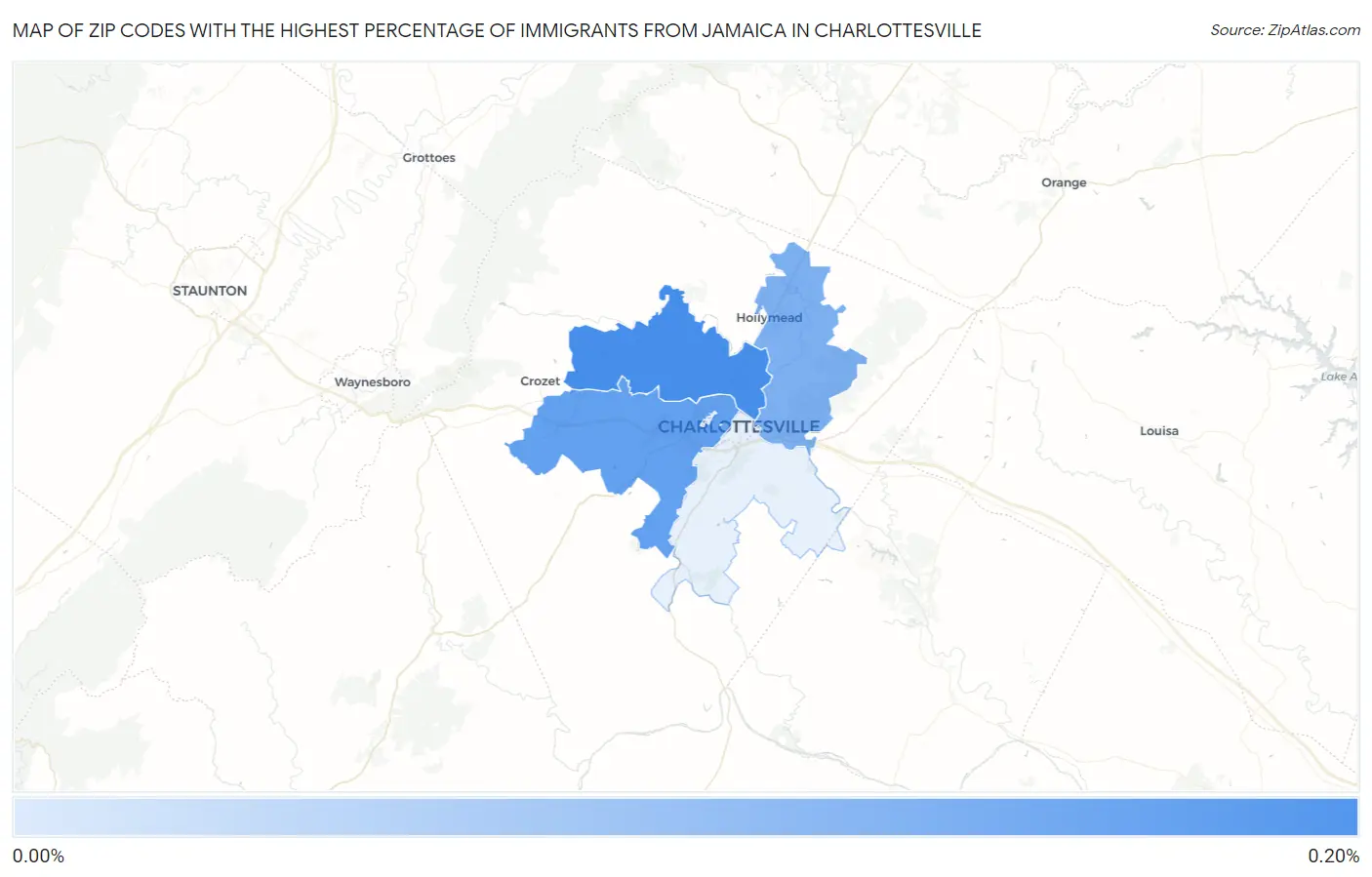 Zip Codes with the Highest Percentage of Immigrants from Jamaica in Charlottesville Map