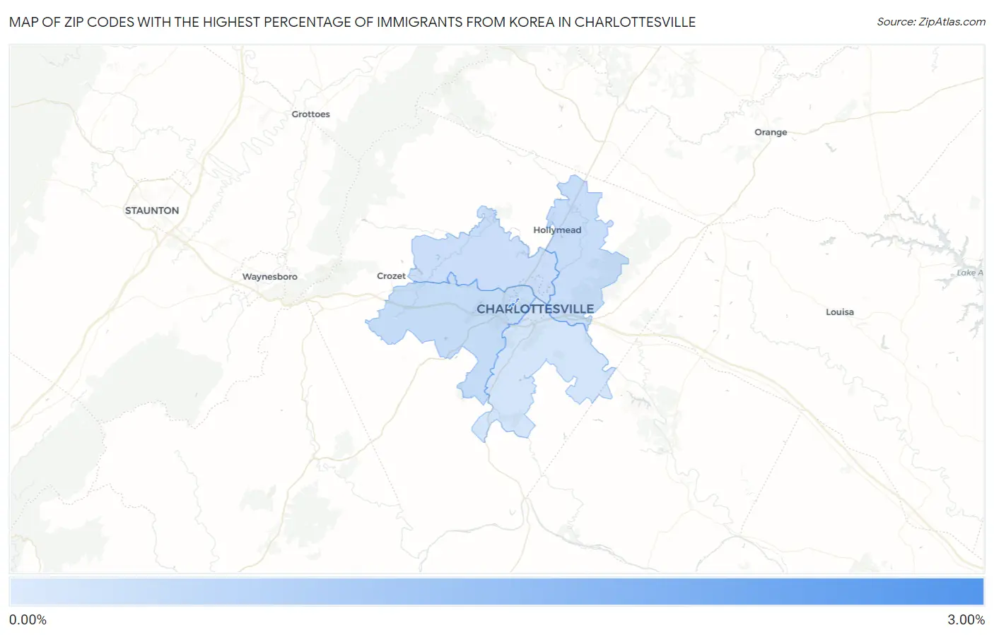 Zip Codes with the Highest Percentage of Immigrants from Korea in Charlottesville Map