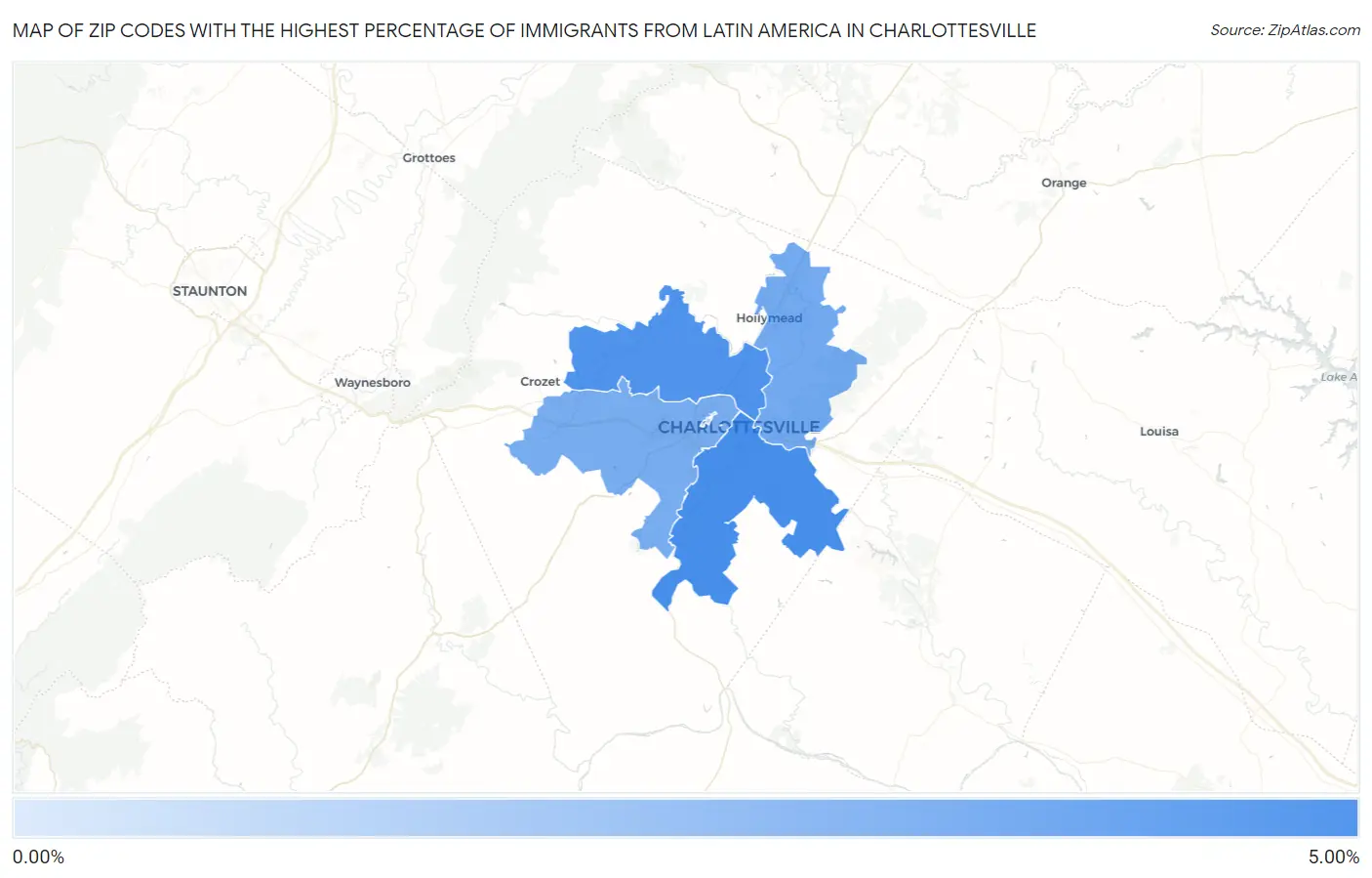 Zip Codes with the Highest Percentage of Immigrants from Latin America in Charlottesville Map