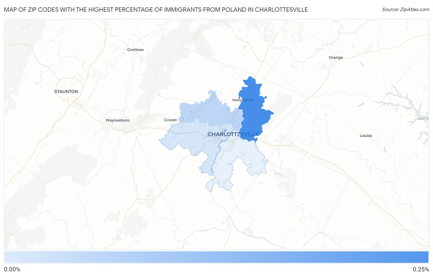 Zip Codes with the Highest Percentage of Immigrants from Poland in Charlottesville Map