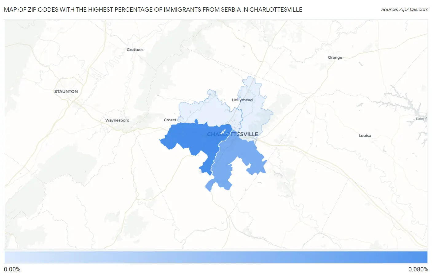 Zip Codes with the Highest Percentage of Immigrants from Serbia in Charlottesville Map