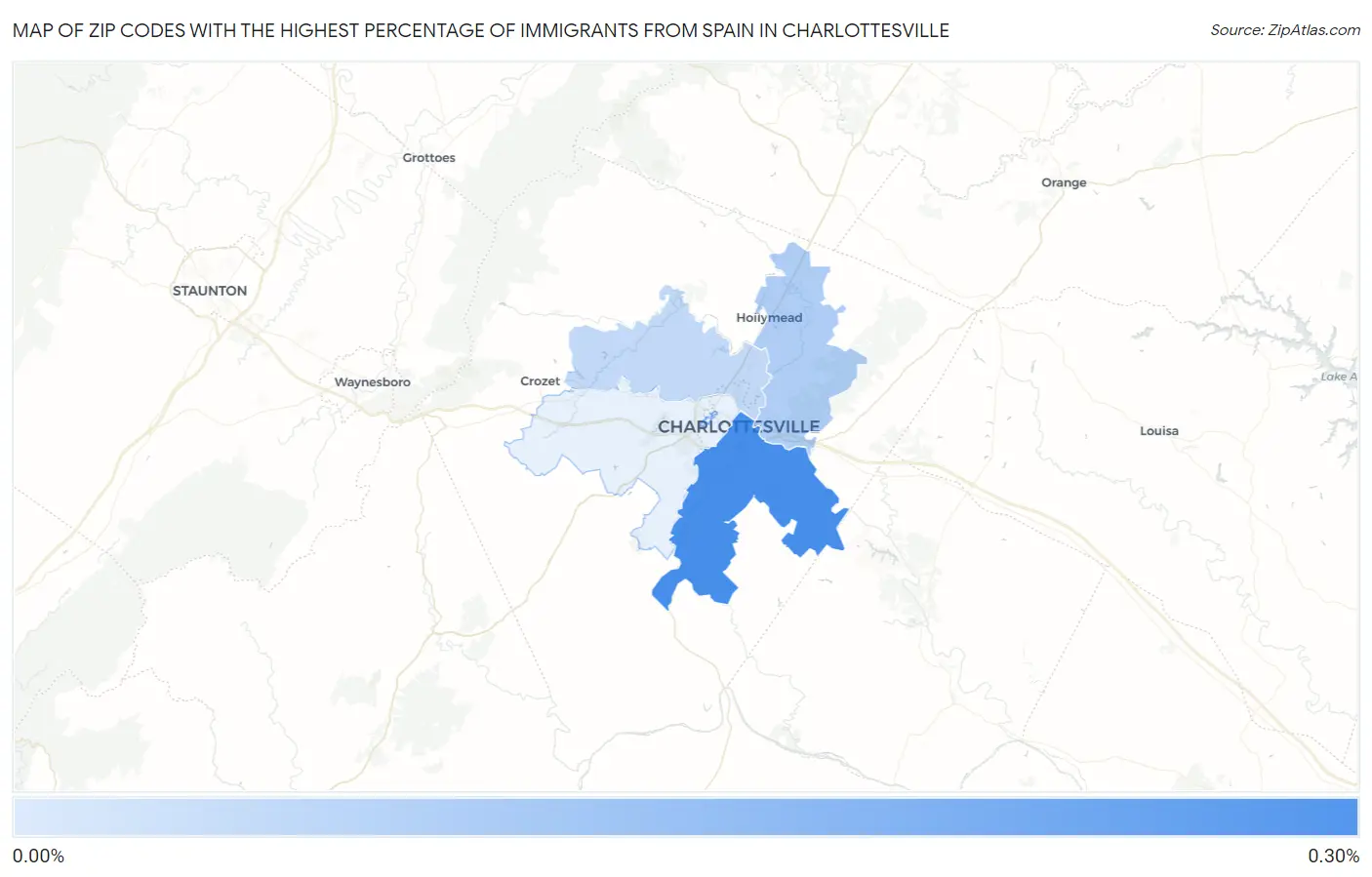 Zip Codes with the Highest Percentage of Immigrants from Spain in Charlottesville Map