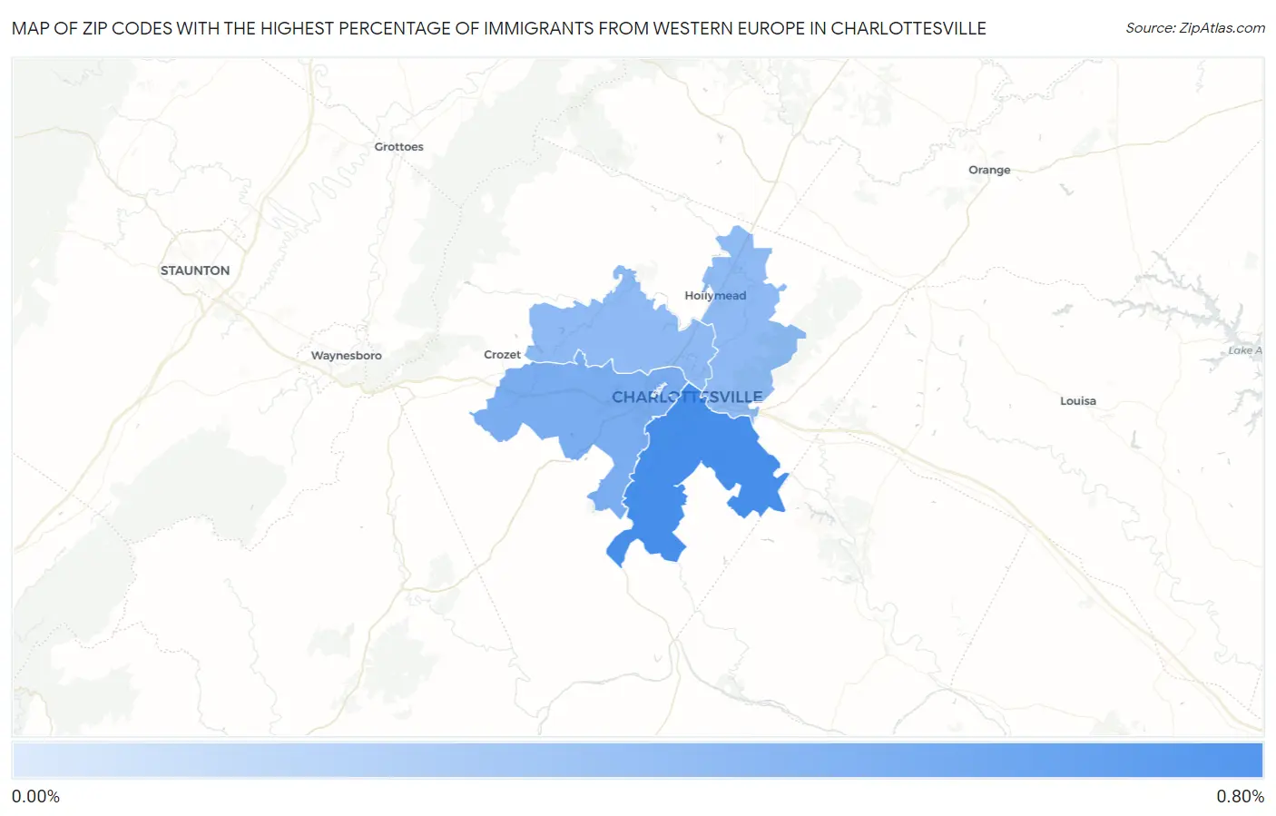 Zip Codes with the Highest Percentage of Immigrants from Western Europe in Charlottesville Map