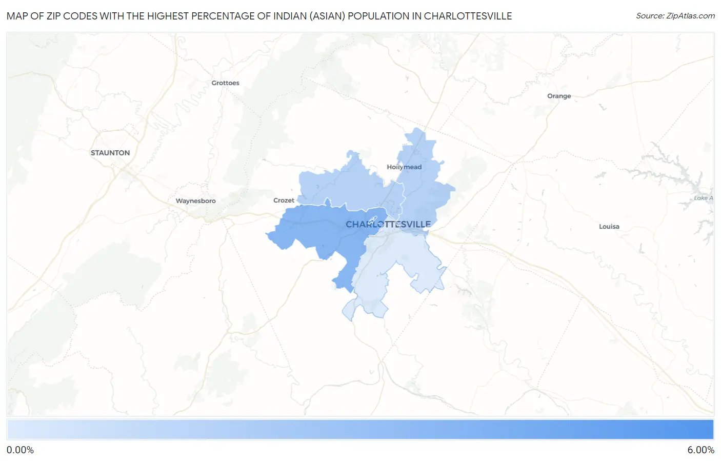 Zip Codes with the Highest Percentage of Indian (Asian) Population in Charlottesville Map