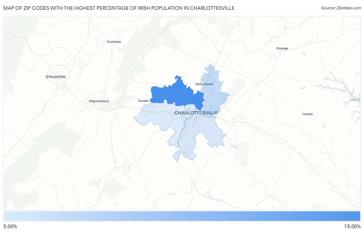 Zip Codes with the Highest Percentage of Irish Population in Charlottesville Map
