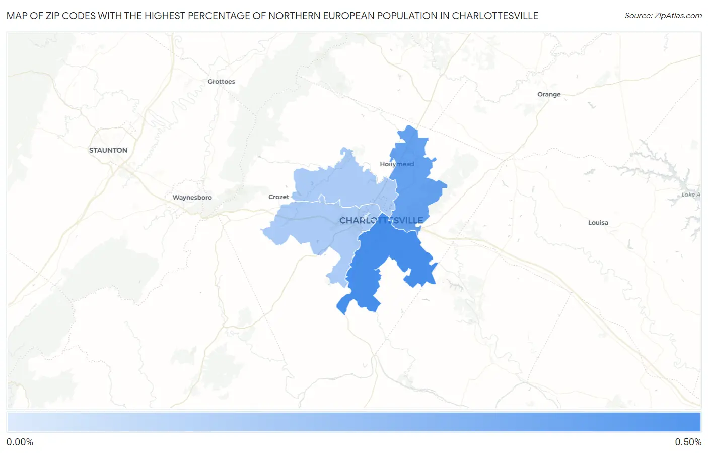 Zip Codes with the Highest Percentage of Northern European Population in Charlottesville Map