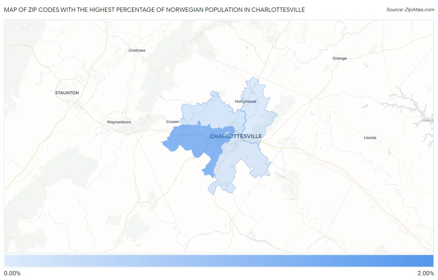 Zip Codes with the Highest Percentage of Norwegian Population in Charlottesville Map
