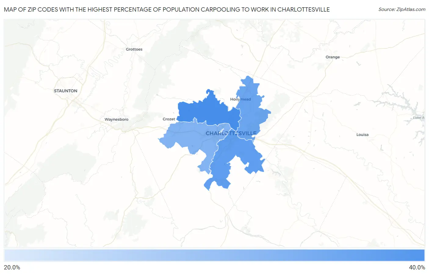 Zip Codes with the Highest Percentage of Population Carpooling to Work in Charlottesville Map