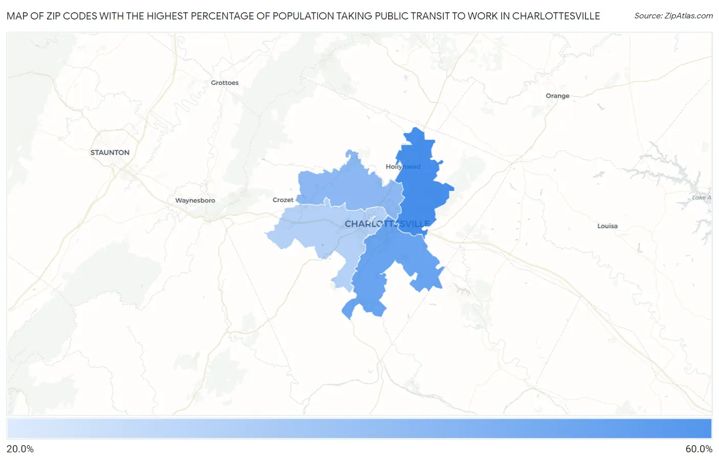 Zip Codes with the Highest Percentage of Population Taking Public Transit to Work in Charlottesville Map