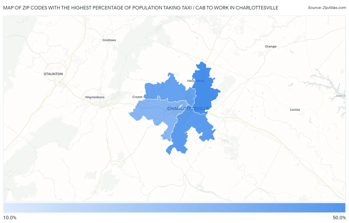 Zip Codes with the Highest Percentage of Population Taking Taxi / Cab to Work in Charlottesville Map