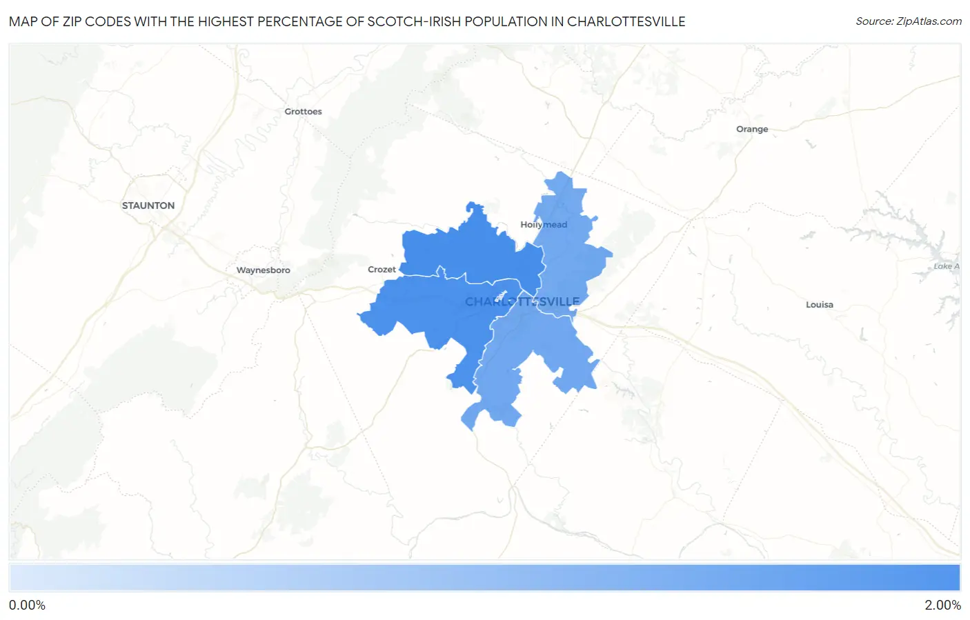 Zip Codes with the Highest Percentage of Scotch-Irish Population in Charlottesville Map