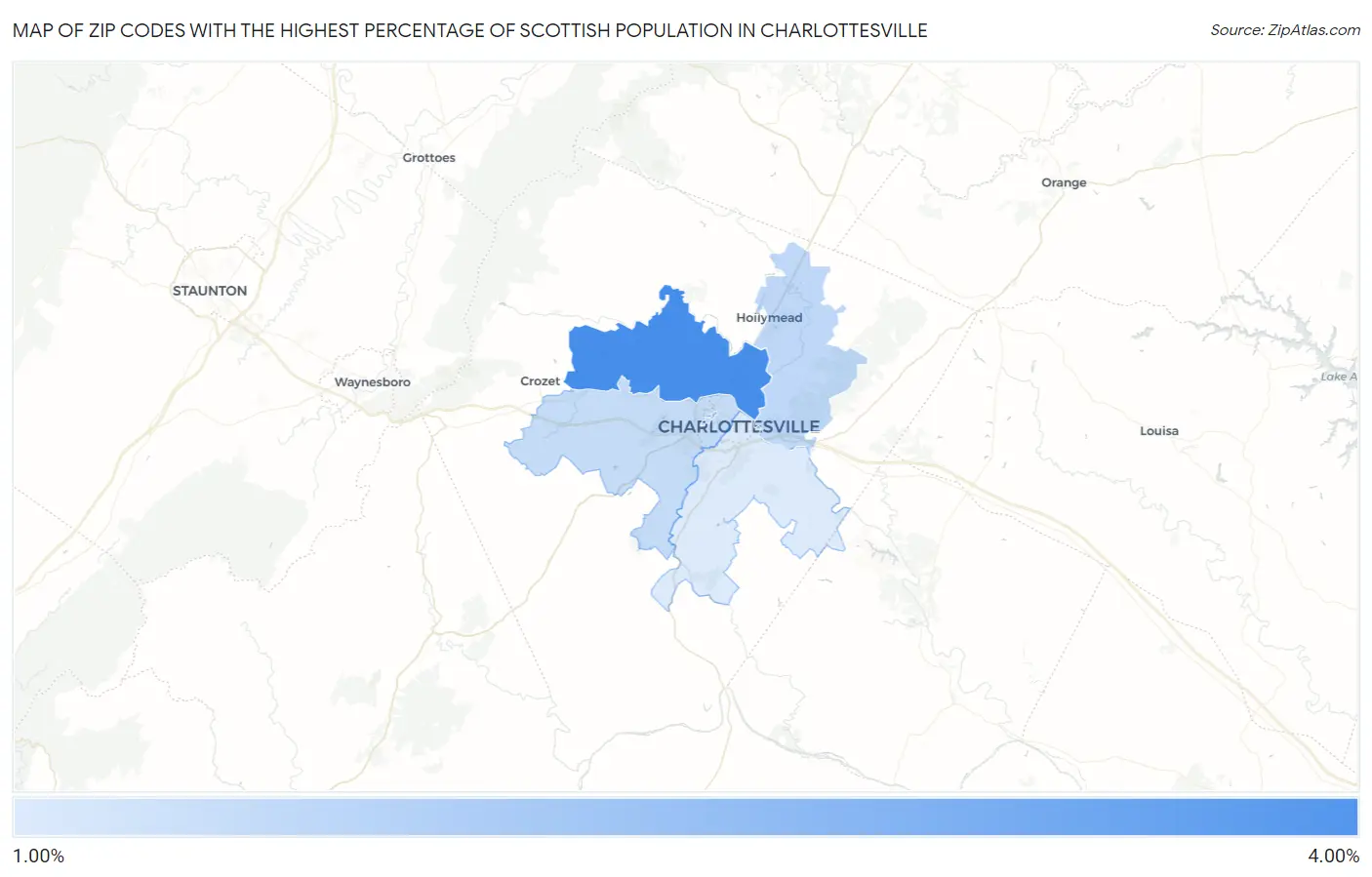 Zip Codes with the Highest Percentage of Scottish Population in Charlottesville Map