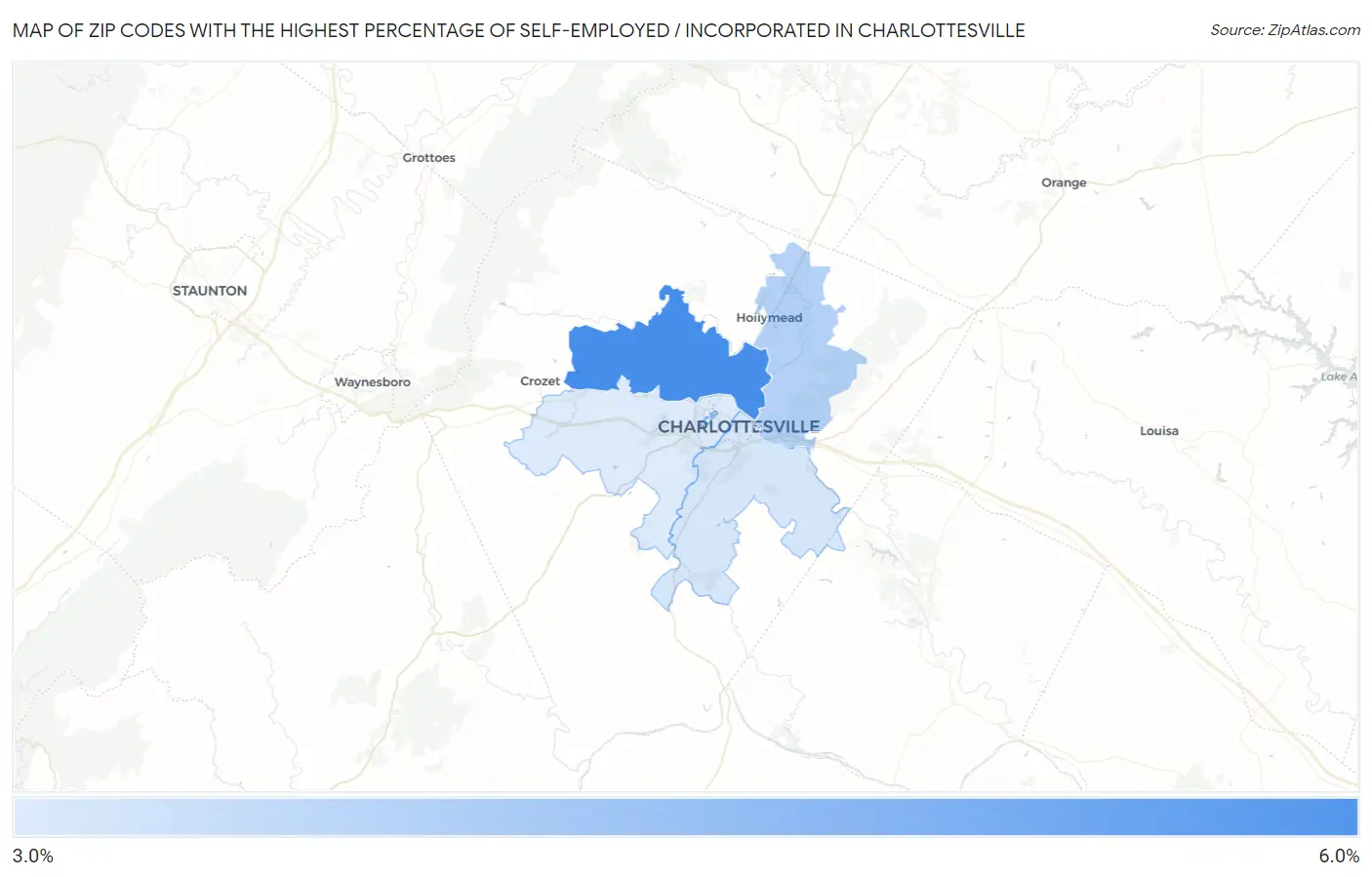 Zip Codes with the Highest Percentage of Self-Employed / Incorporated in Charlottesville Map