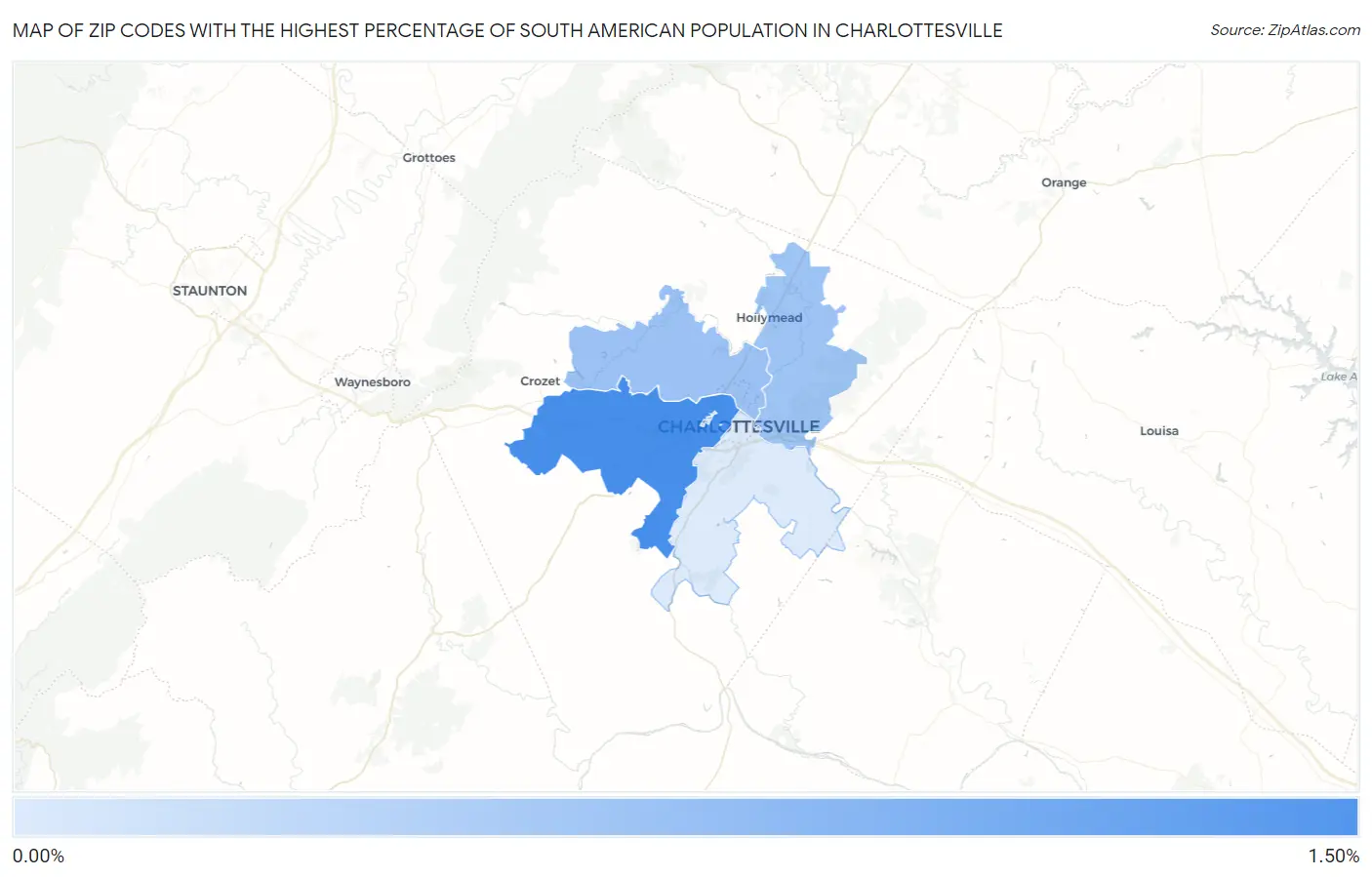 Zip Codes with the Highest Percentage of South American Population in Charlottesville Map