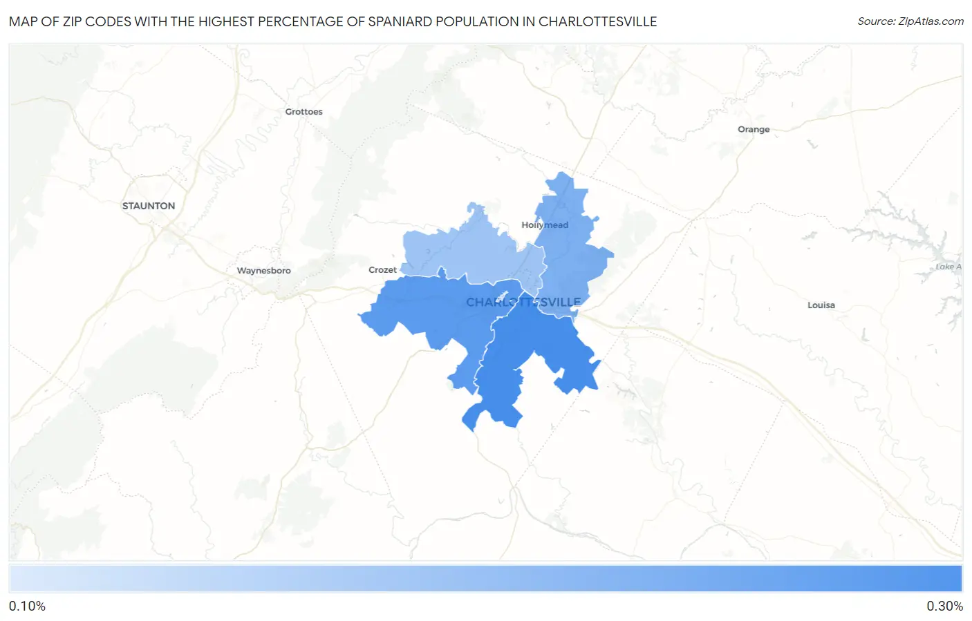 Zip Codes with the Highest Percentage of Spaniard Population in Charlottesville Map