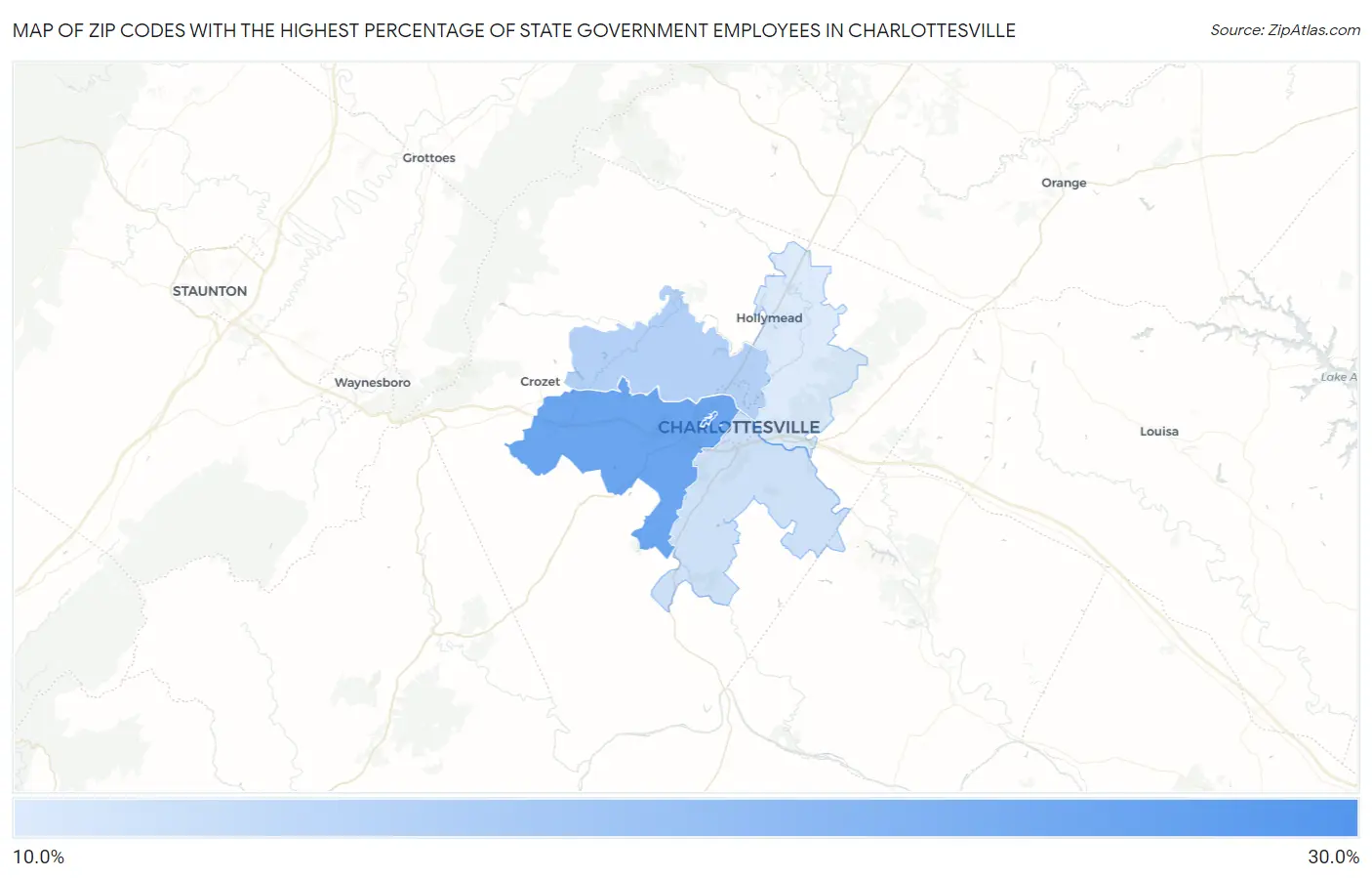 Zip Codes with the Highest Percentage of State Government Employees in Charlottesville Map
