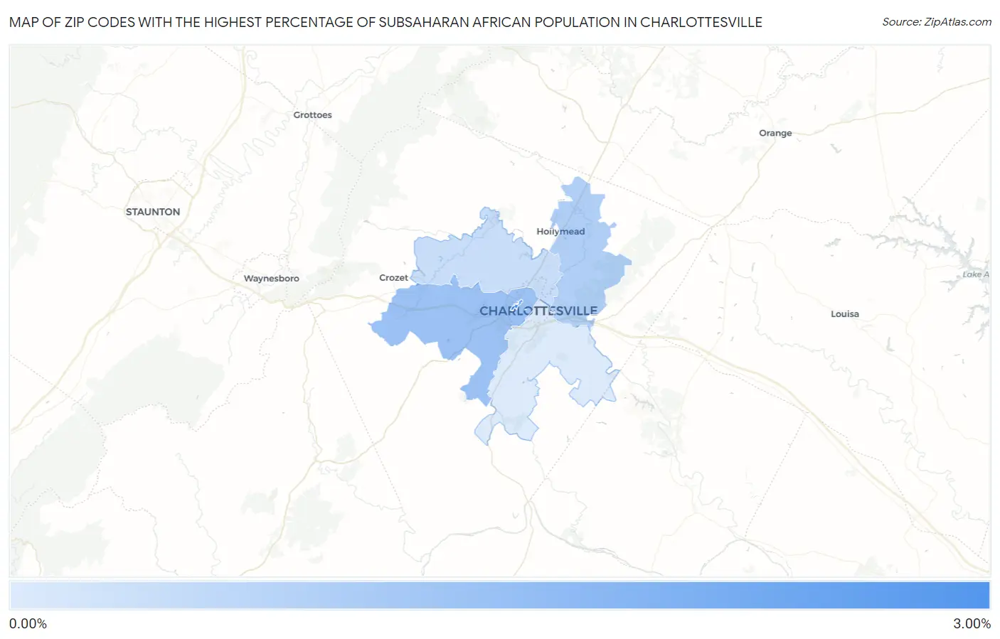 Zip Codes with the Highest Percentage of Subsaharan African Population in Charlottesville Map